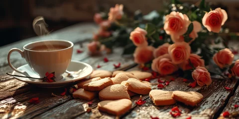 Tuinposter Homemade cookies elegantly arranged on the table, accompanied by a steaming cup of coffee, capturing the essence of Valentine's Day © Nattadesh