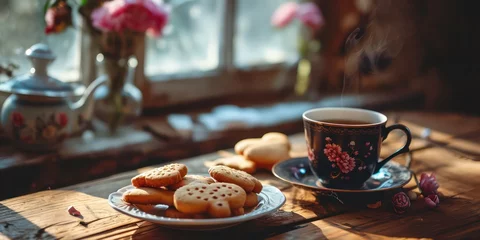 Fototapeten Homemade cookies elegantly arranged on the table, accompanied by a steaming cup of coffee, capturing the essence of Valentine's Day © Nattadesh