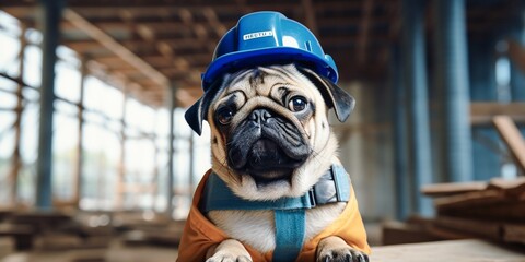 A pug dog in a blue helmet looks at the camera against the backdrop of houses under construction and the blue sky. Construction concept, safety concept