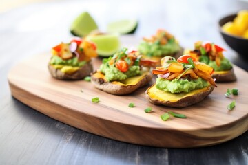 vegan potato skins with guacamole on a slate platter