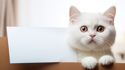 funny pet cat showing a placard isolated on white background blank web banner template and copy space