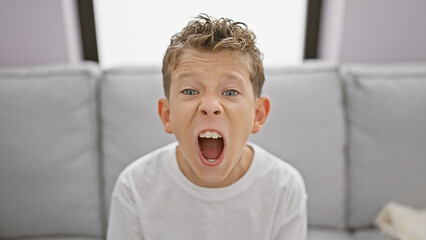 Adorable blond boy sitting on sofa at home, expressing loud frustration and anger