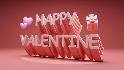 Happy Valentine's Day, Layers of text happy valentine with gift box and heart on pink background. 3d rendering