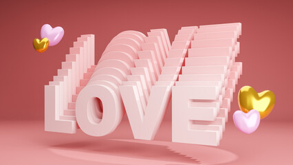 Happy Valentine's Day, Layers of text love and heart on pink background. 3d rendering