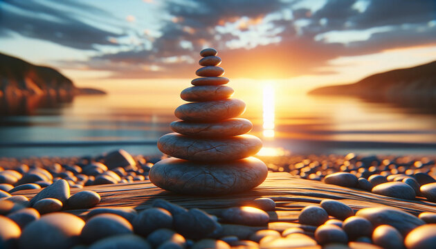 Meditation mit der Natur am Meer. Steine übereinander bei Sonnenuntergang. Generative AI