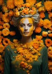 Abstraction floral natural medicated shampoo hair, body lotion. Natural floral Marigold face mask for woman Vertical photo. Сonnection between nature, flowers and skincare. For banners, posters