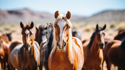 Horse herd run in sunlightwith dust at summer pasture - obrazy, fototapety, plakaty