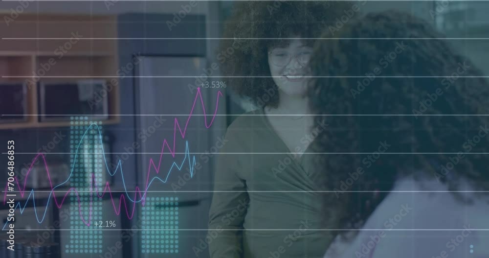 Poster animation of financial data processing over diverse business people in office