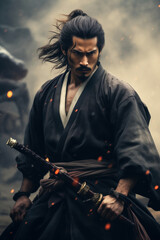 Japanese ferocious samurai warrior with katana on dramatic neutral background