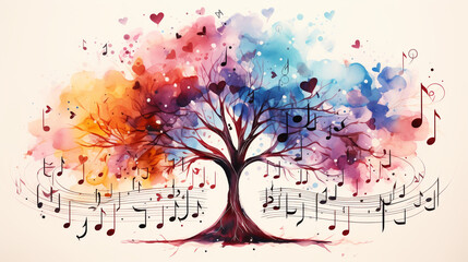 watercolor illustration of tree with musical notes for audio media concepts and designs musical notes. Musical Tree. - obrazy, fototapety, plakaty