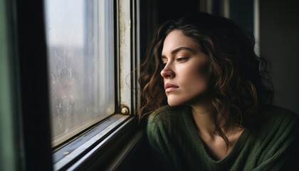 Woman looking out window at home, urban transportation image