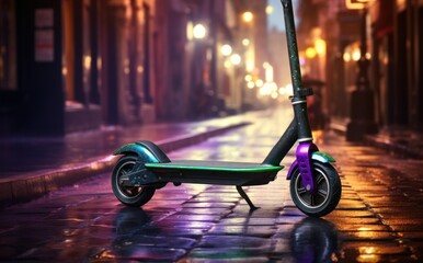 Electric scooter displayed in a city setting, public transport city picture