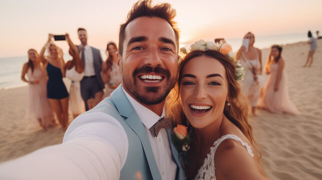 Groom and bride holding glasses standing together celebrating with friends at a wedding ceremony on a sandy beach
