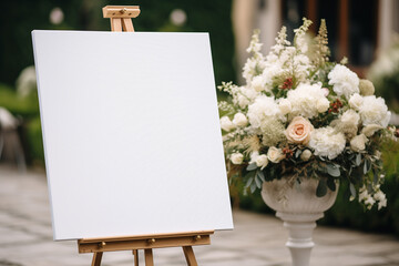 Empty White wedding board decorated with flowers on a wooden stand and placed in front of the wedding background wedding - obrazy, fototapety, plakaty