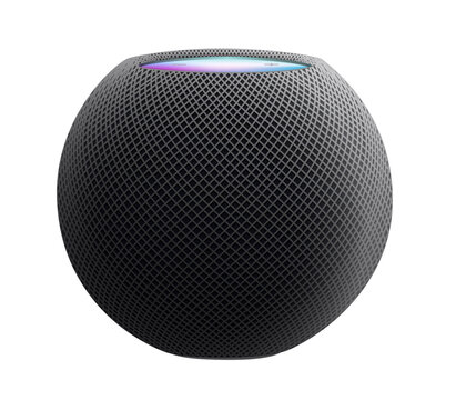 Apple HomePod mini Black color, isolated on white background, vector illustration. The HomePod is a smart speaker developed by Apple Inc.