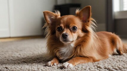 Red chihuahua dog laying on the floor indoor - obrazy, fototapety, plakaty
