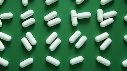 White medicine pills on a green background, with monochromatic symmetry style