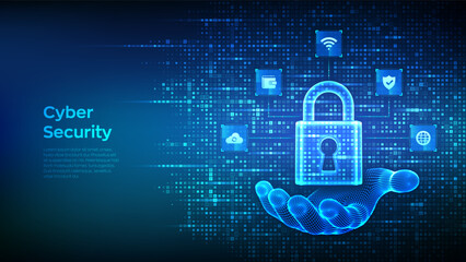 Cyber security. Data Protection. Internet network security technology concept. Padlock. Lock icon in wireframe hand. Cybersecurity icons connections. Binary code background. Vector Illustration.