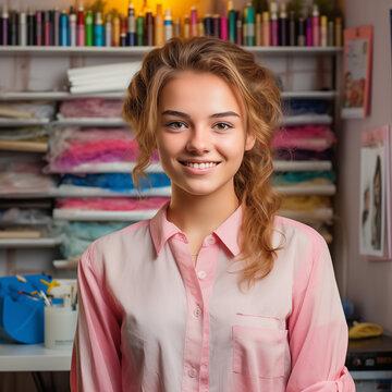 Frau, rosa Hemd, bluse,. im N&auml;hatelier, sympathisches L&auml;cheln, Haare braunblond  