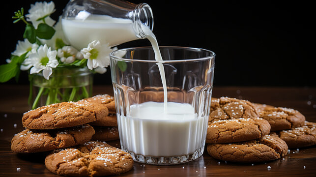 Pouring milk in glass from a bottle on a wooden neutral background with space for text, copy space.
