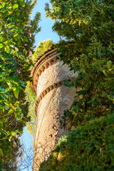 Between the green cypress and magnolia trees, part of the castle tower wall is visible against the blue sky. Vertical photo