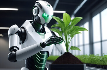 Robot with a green plant. 