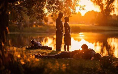 A father and his two sons stand , then lie down and stretch their muscles while enjoying the serene ambiance of a park during the beautiful sunset hours .