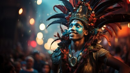 portrait of a brazilian boy at the carnival in Rio de Janeiro, decorated with precious stones, poster, banner - obrazy, fototapety, plakaty