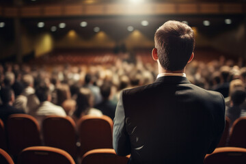 Leadership in action Speaker at a seminar engages an audience in an auditorium, seen from behind with a blurred background, ideal for business presentations. ai generative
