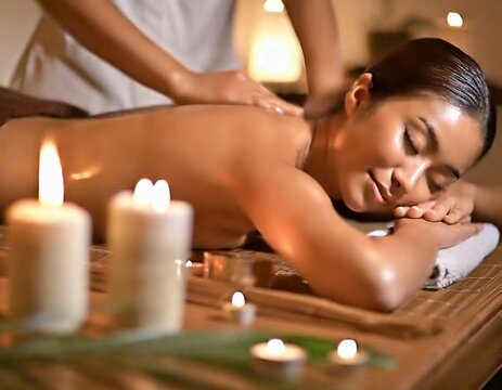 A woman receiving an aromatherapy massage in a relaxation space with candles