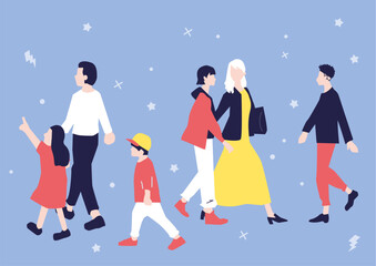 Illustration vectorielle d'un groupe de gens qui marchent dans la rue. Dessin moderne de silhouettes vectorielles, vecteur de familles et d'amis. Dessiné à la main. 2 couleur, bichromie.  Promenade,