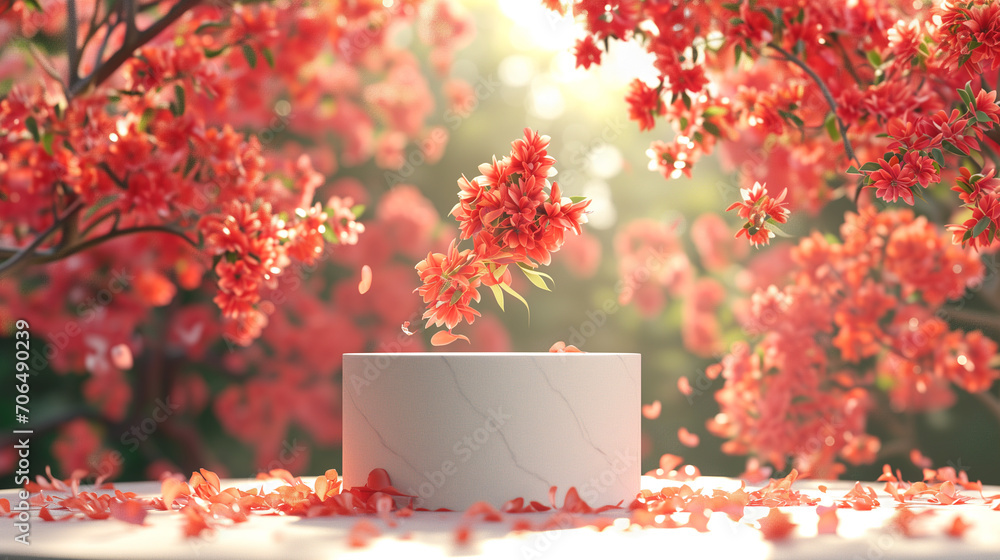 Poster 3d illustration empty podium with colorful flower in background and foreground. spring season theme 