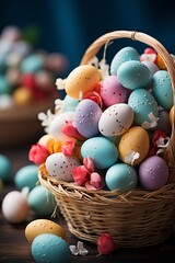 Easter basket filled with colorful eggs and decorated with flowers. Easter concept.