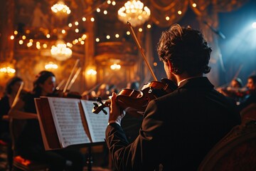 Rear Cinematic shot of Director Leading Symphony Ensemble with Musicians Performing Violins Cello and Trumpet on Traditional Playhouse with Stage Curtain During Musical Performance.