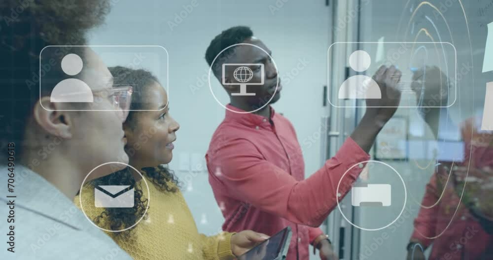 Aufkleber animation of icons and data processing over diverse business people in office