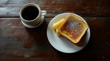 design for cafe ad, french toast and coffee. restaurant or cafe menu. minimalistic. wooden table background. horizontal