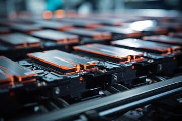 Production of close-up Lithium-ion units for high-voltage electric cars, on assembly line for automotive sector. - obrazy, fototapety, plakaty