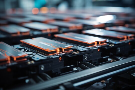 Production of close-up Lithium-ion units for high-voltage electric cars, on assembly line for automotive sector.