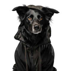 Black dog portrait in black dress enjoying winter