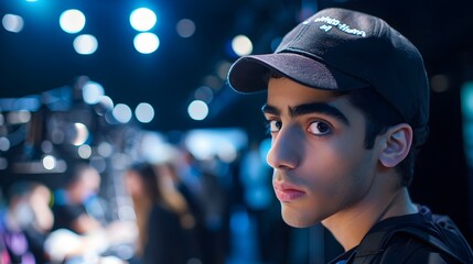 Serious young man with styled hair wearing a black cap under cool blue stage lights.