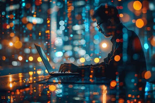 Using modern technology, an engineer controls and manages data exchange and Artificial Intelligence in an office setting.