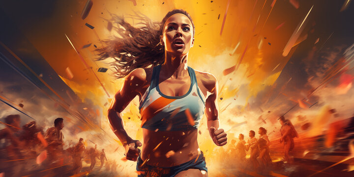Artistic female athlete running fitness concept. Lady runner abstract colorful art background