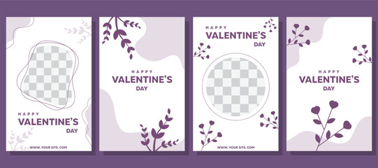 Valentine's day February 14 story design template set.  Elegant white and purple social media posters set.