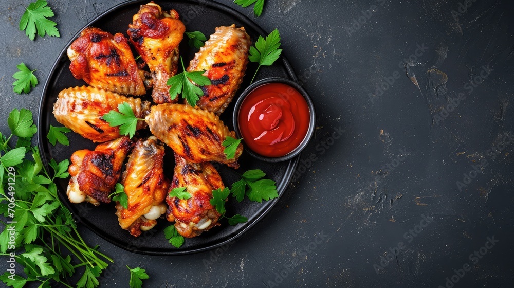 Wall mural Grilled spicy chicken wings with ketchup on a black plate on a dark slate, stone or concrete background. Top view with copy space.