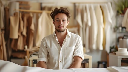 A poised man with tousled hair wearing a white shirt sits in a well-lit, cozy textile workshop.