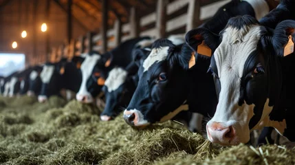Zelfklevend Fotobehang Group of cows at cowshed eating hay or fodder on dairy farm.  © buraratn