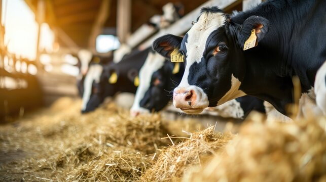 Group of cows at cowshed eating hay or fodder on dairy farm. 