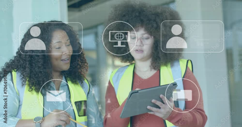 Poster animation of data processing over diverse engineers in hi vis vests