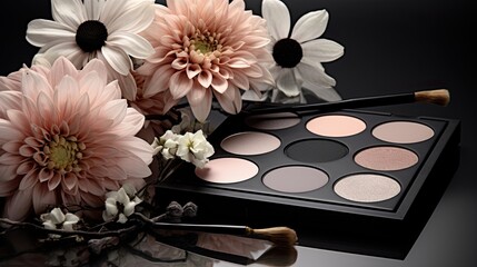 Obraz na płótnie Canvas Commercial photography of a makeup palette product, fresh flowers
