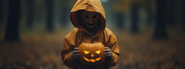 Happy Halloween! Cute little child with a pumpkin in the park.